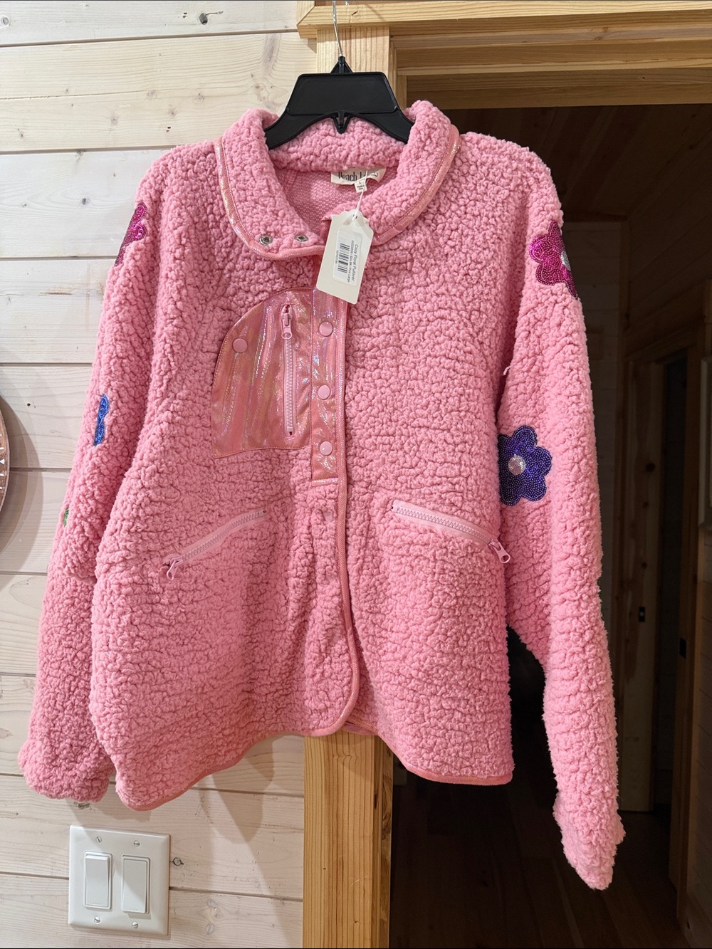 Peach Love California Pink Sherpa Puffer Jacket with Flower Appliqués